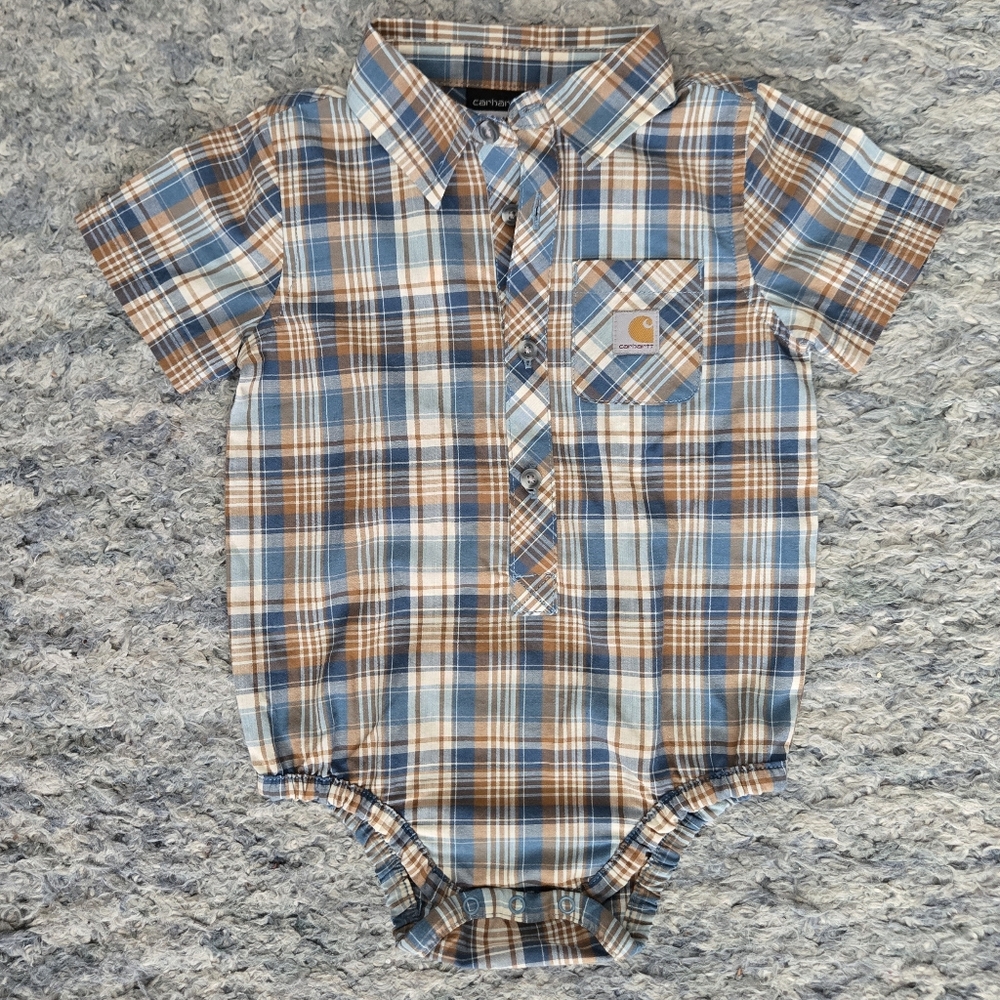 Nwt Carhartt 12m Plaid 100% Cotton Bodysuit Collar